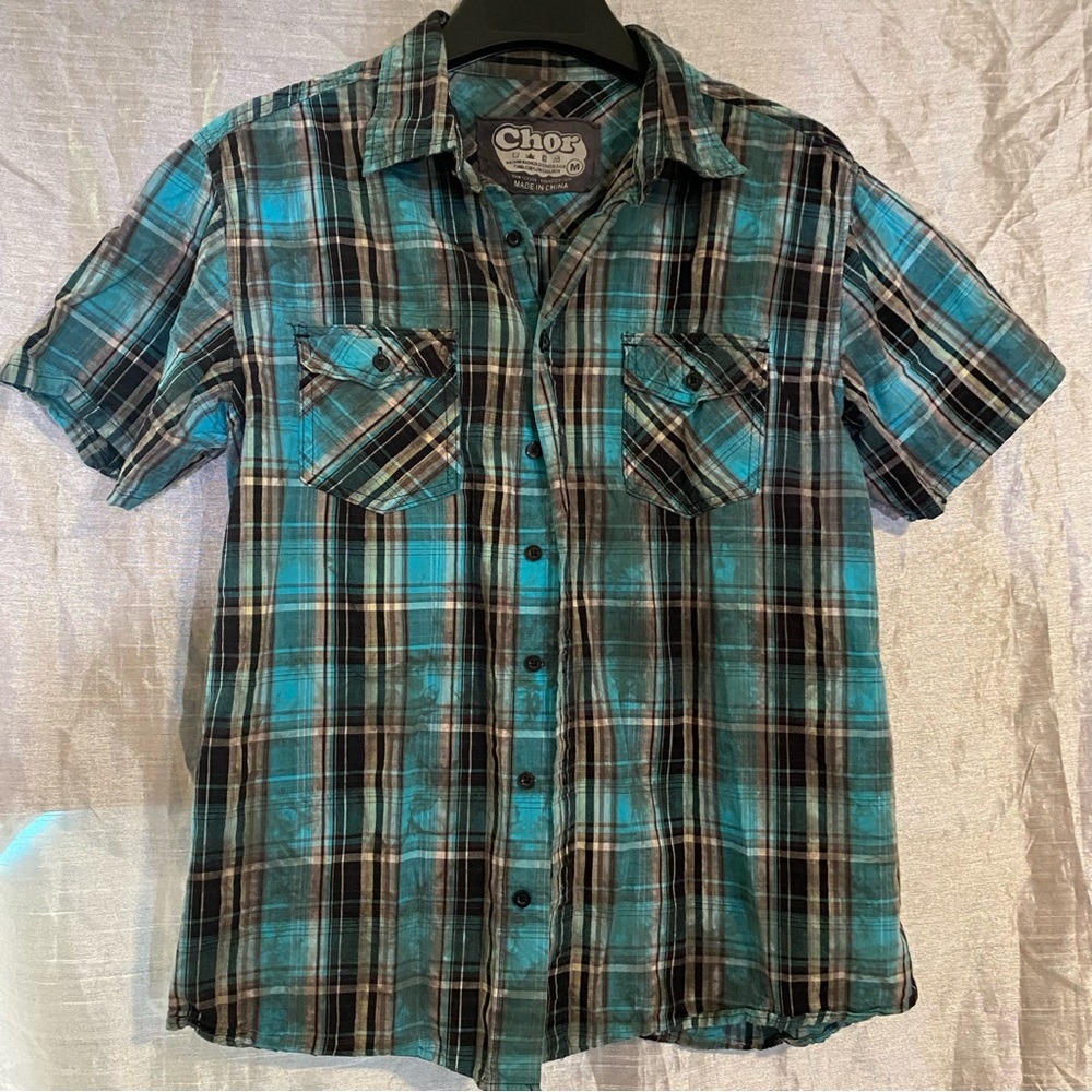CHOR Men’s madras plaid cotton short sleeve button down shirt GUC SZ M
